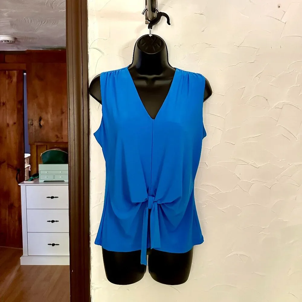 NWT Clara Sunwoo Brilliant Blue V-Neck Front Tie Sleeveless Soft Knit Top (Med) - Picture 2 of 8